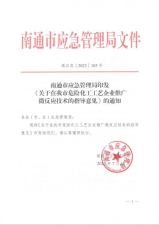 南通市应急管理局文件《关于在我市危险化工工艺企业推广微反应技术的指导意见》