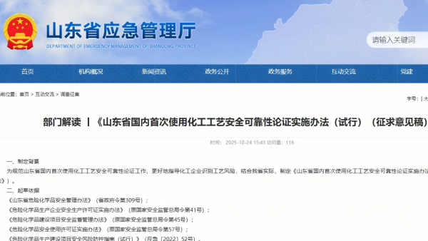《山东省国内首次使用化工工艺安全可靠性论证实施办法(试行)(征求意见稿)》解读